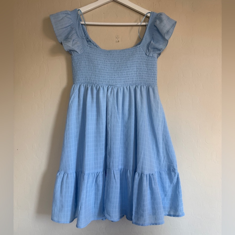 Thirty Thirty Tiered Peasant Babydoll Smock Charming Blue Dress Mini Medium - Picture 2 of 5